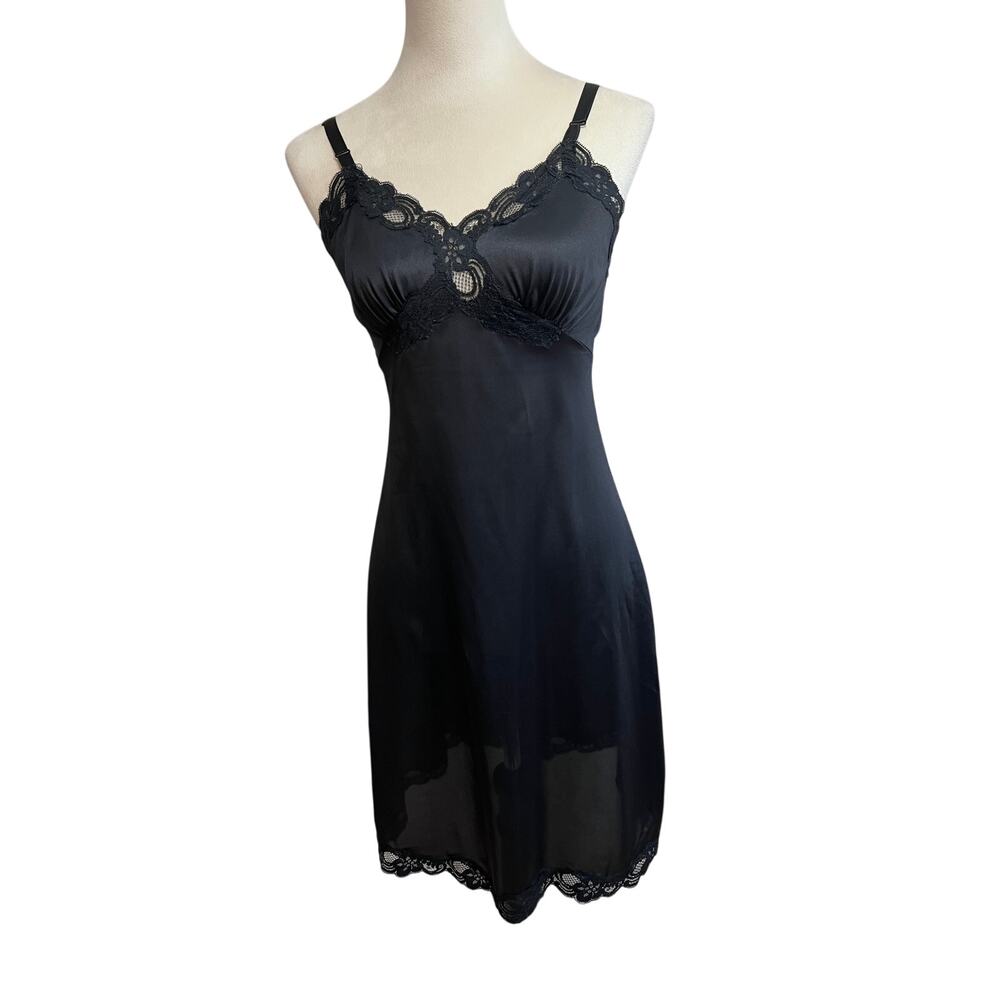 Vintage Gilead Black Nylon Lace Slip Dress Size 32 | USA Made | 80s 90s Y2K